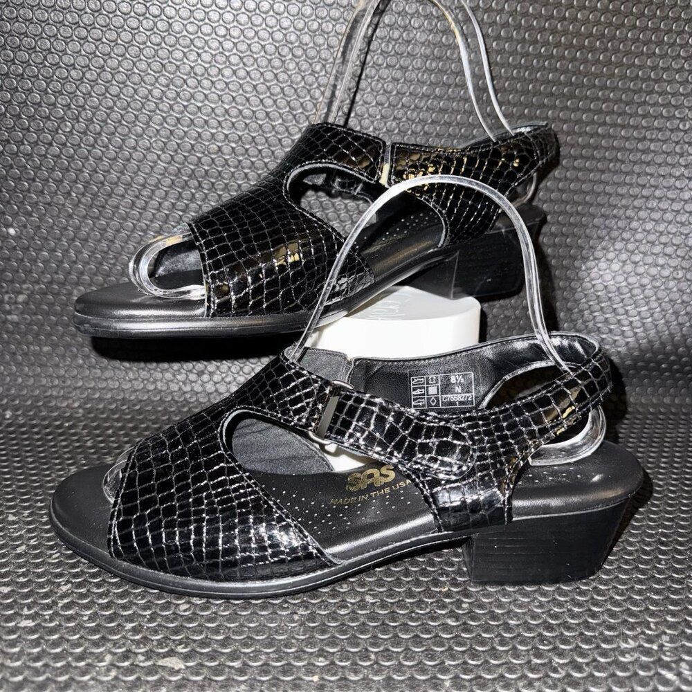 SAS Open Toe Suntimer Black Patent Leather Croc Print Tripad Sandals Size 8.5